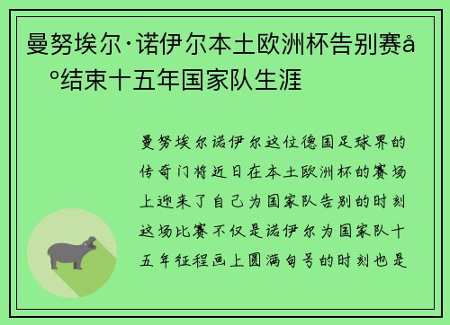 曼努埃尔·诺伊尔本土欧洲杯告别赛场结束十五年国家队生涯